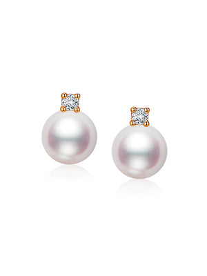 Princess Diana-style 18K gold Akoya saltwater pearl stud earrings (set with natural diamonds)