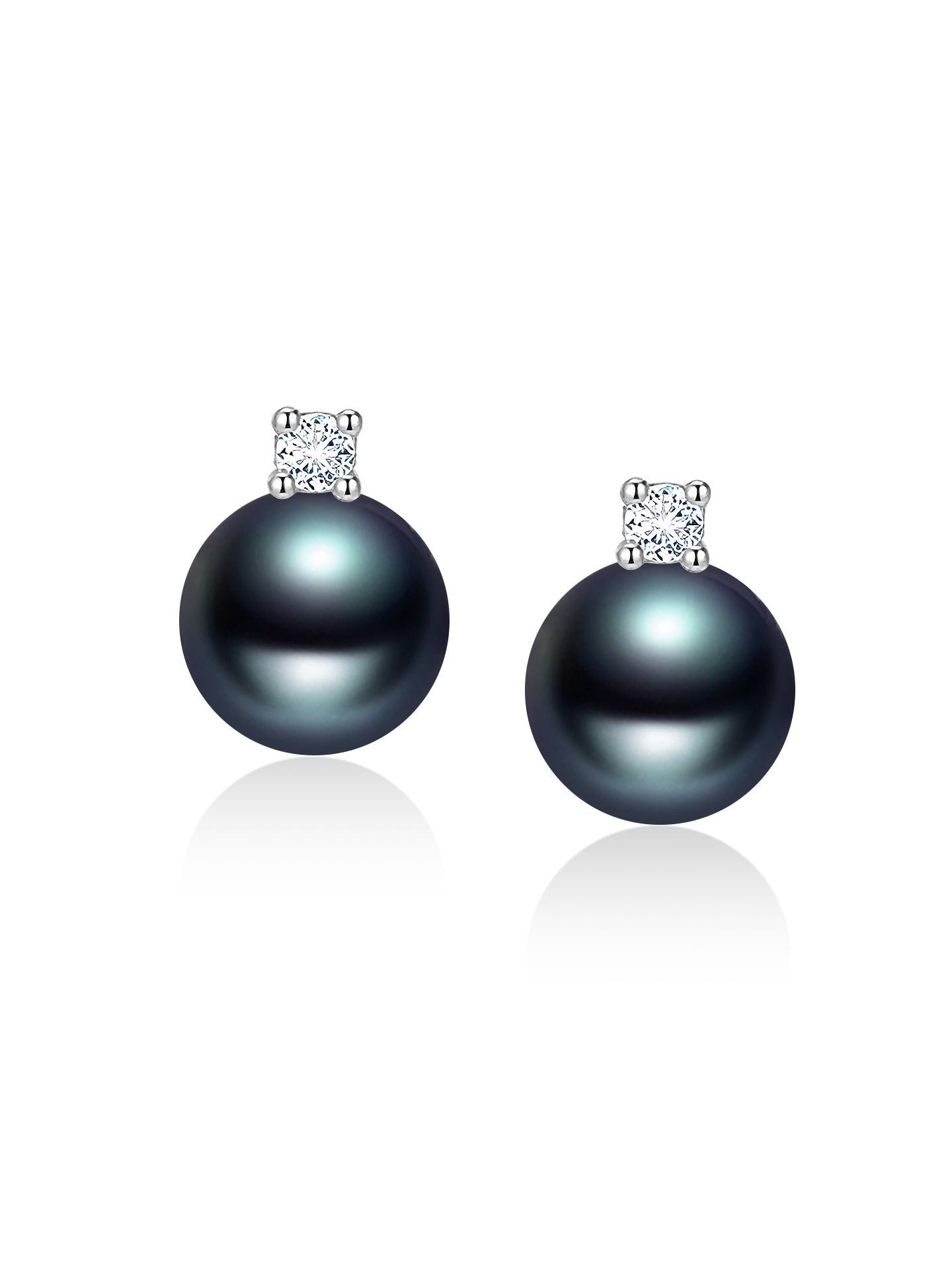 Princess Diana Style 18K Gold Natural Diamond and Natural Peacock Green Tahitian Black Pearl Stud Earrings