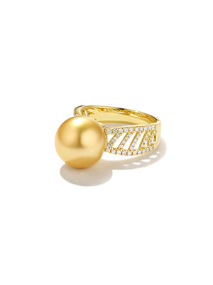 Certified Natural Golden South Sea Pearl ring Perfect Round High Luster Luxury Wedding Jewelry for Her
